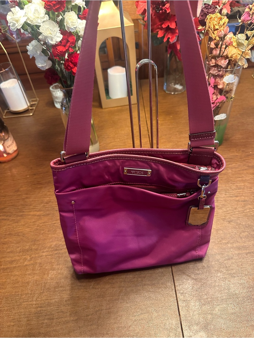 TUMI Voyageur Berry Magenta Nylon Leather Shoulder Tote Bag